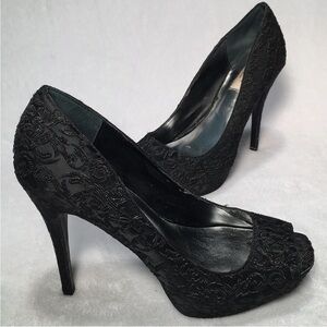 SIMPLYVERA Elegant Black Lace Peep-Toe Heels